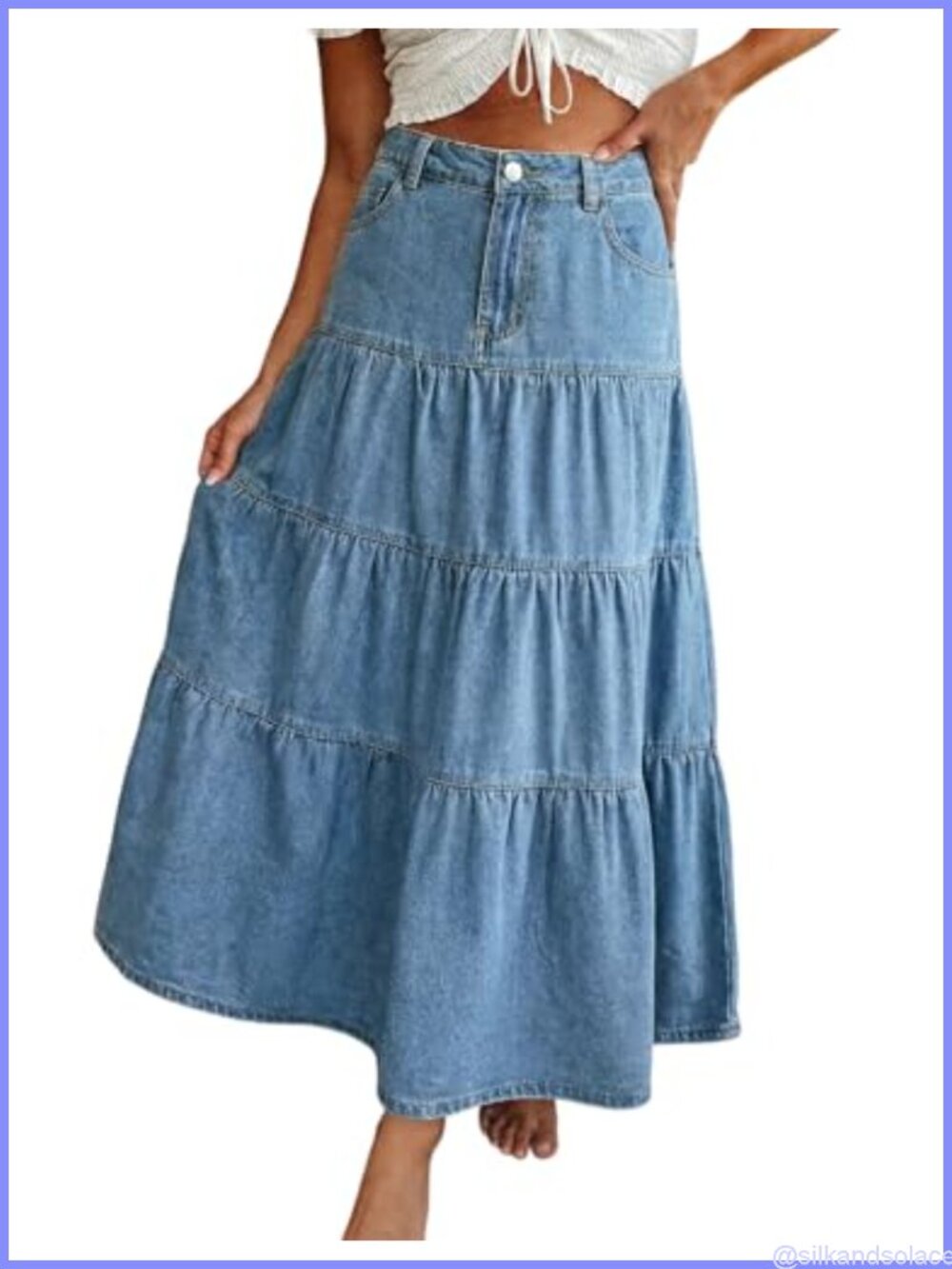 High Waisted A-Line Denim Maxi Skirt with Pockets Long Tiered Swing Skirt